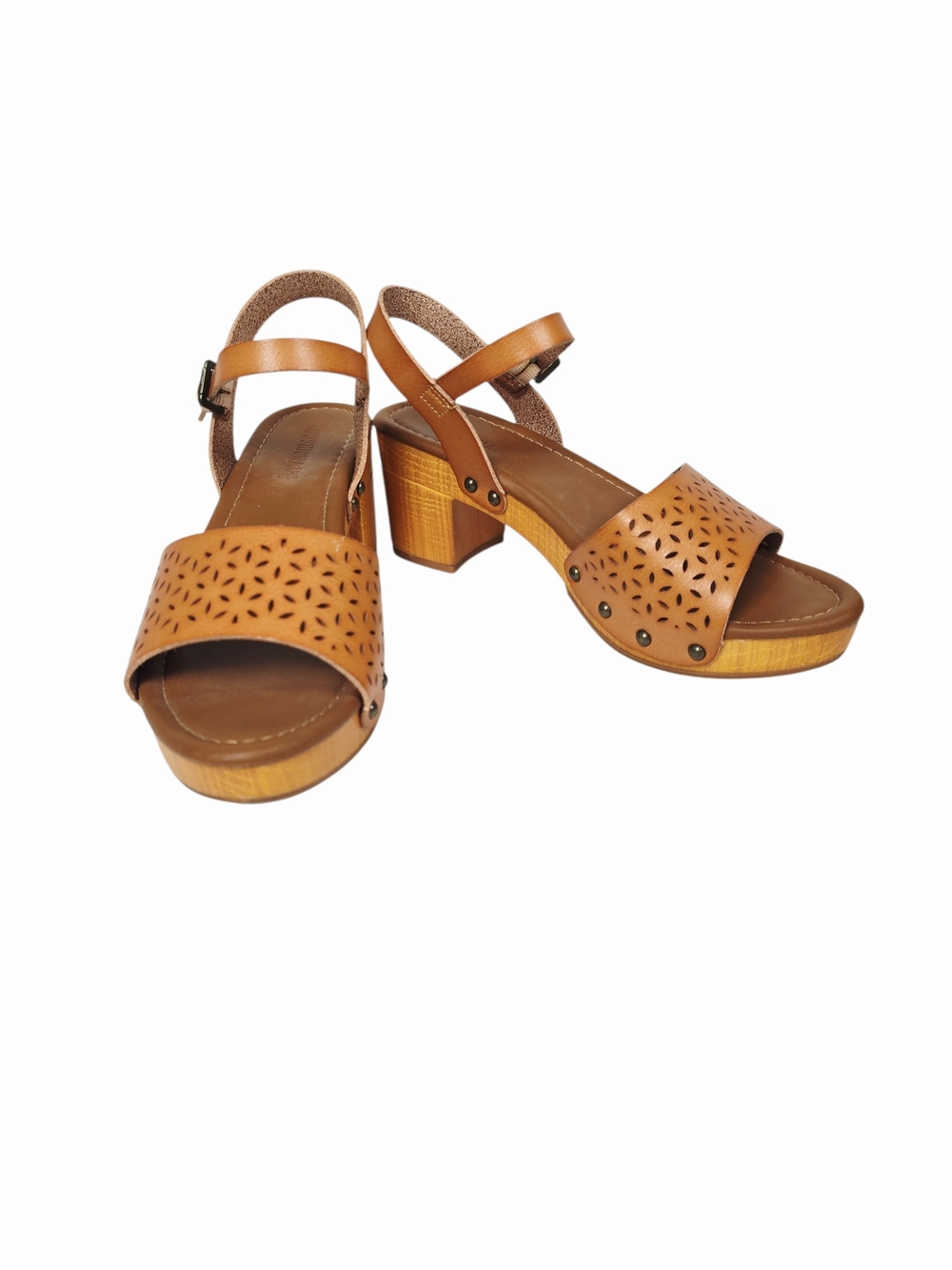 Women's Tan Woodgrain Look Laser-Cut Block Heel Sandals with Ankle Strap - Picture 4 of 16